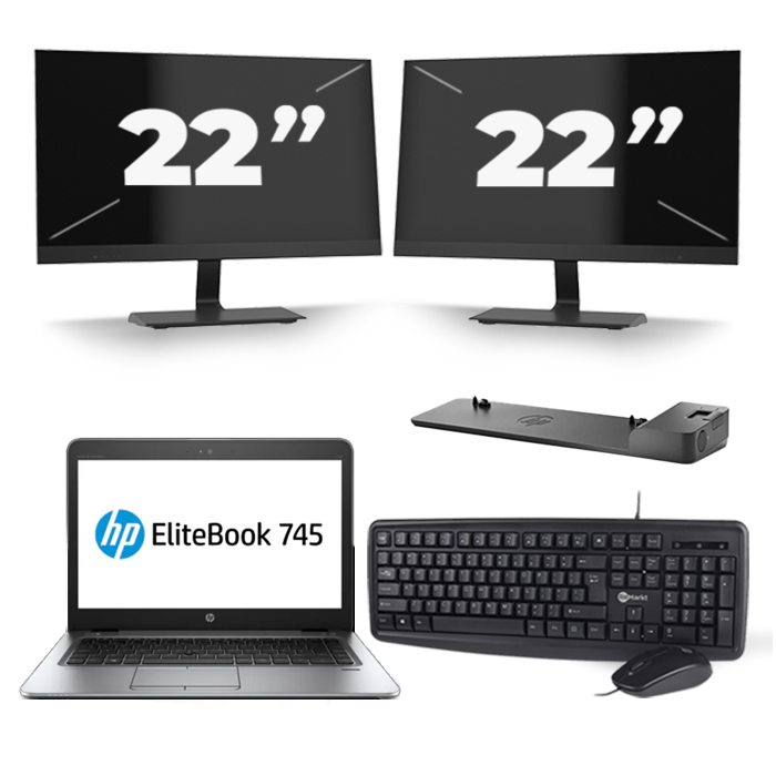 HP EliteBook 745 G4 - AMD PRO A10-8730B - 14 inch - 8GB RAM - 256GB SSD - Windows 11 + 2x 22 inch Monitor