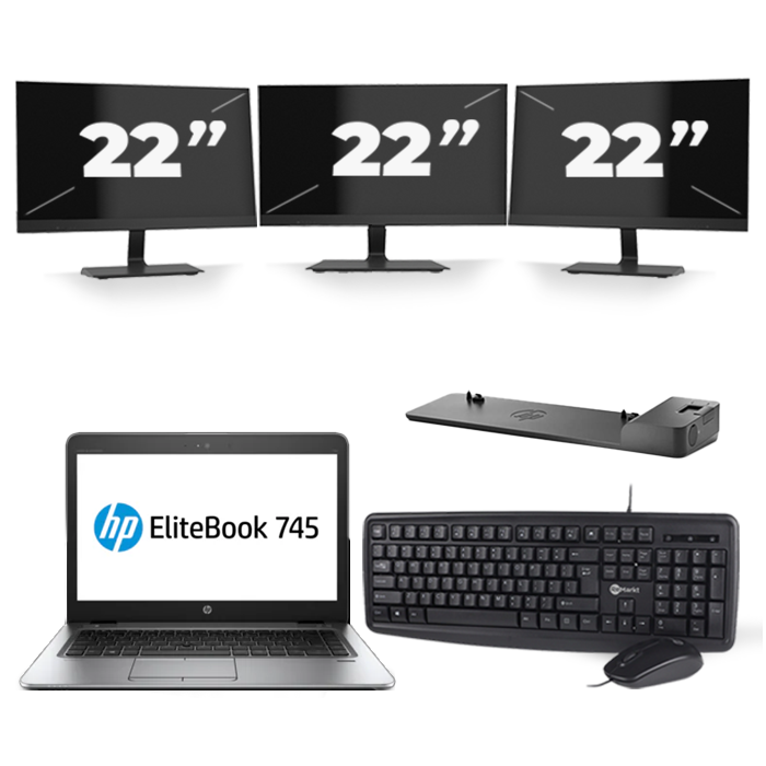 HP EliteBook 745 G4 - AMD PRO A10-8730B - 14 inch - 8GB RAM - 256GB SSD - Windows 11 + 3x 22 inch Monitor